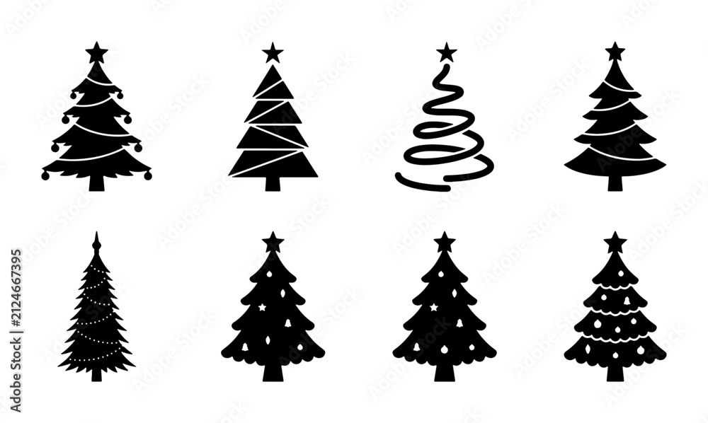 Obraz premium Christmas Tree Icons Set, Festive Holiday Vector Graphics, Winter Celebration Symbols, Seasonal Decoration Elements