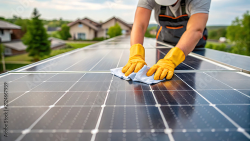 Professional technician cleaning solar panels on rooftop. Worker maintaining photovoltaic system for optimal energy efficiency.