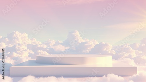 White pedestal rises from soft clouds. Pastel sky provides gentle backdrop. Minimalist scene evokes calm, serene atmosphere.