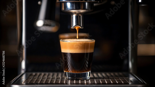 Espresso pouring into glass cup under coffee machine. Freshly brewed dark roast coffee extraction with crema layer.