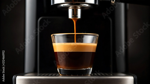 Espresso pouring into glass cup under machine nozzle. Freshly brewed coffee extraction with rich crema layer.