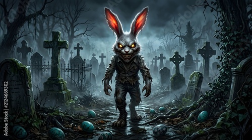 Creepy humanoid rabbit in eerie graveyard at night
