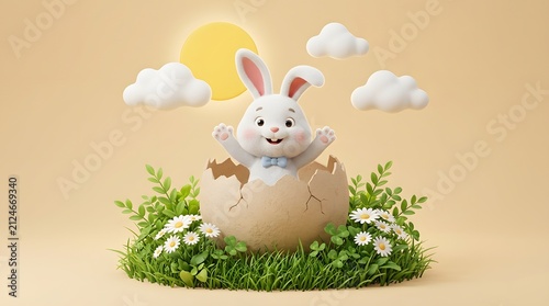 Cute cartoon bunny emerging from cracked egg in sunny spring scene