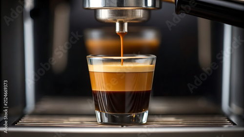 Espresso coffee pouring into a glass cup. Rich dark brew streaming from a portafilter for a layered latte art effect.
