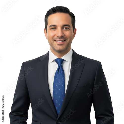 Smiling hispanic businessman in a dark suit and blue tie isolated on transparent background