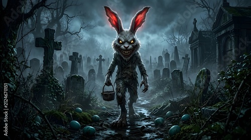 Creepy Easter Bunny in Spooky Graveyard at Night