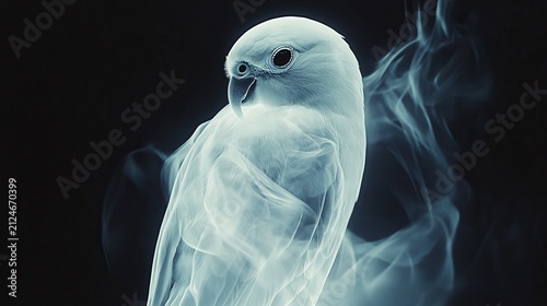 Ethereal White Snow Owl Surrounded by Mystical Smoke in Dark Background
