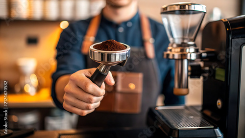 Professional barista brewing specialty coffee in a modern café. Skilled coffee maker preparing espresso using a commercial machine with precision.