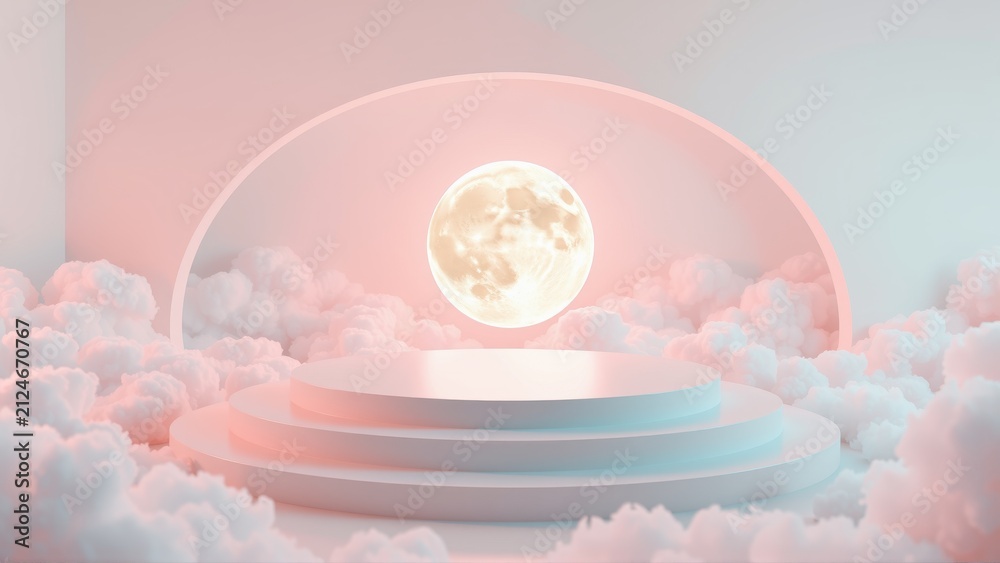 Obraz premium Soft pink, blue hues create dreamy scene. Moon sits atop tiered platform surrounded by clouds. Minimalist design evokes calm atmosphere.