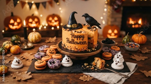 Happy Halloween cake and dessert party table setup