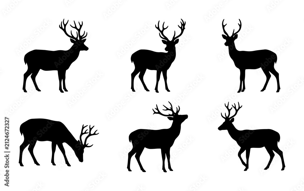 Naklejka premium Deer Silhouettes Collection, Majestic Forest Animals, Wildlife Vector Graphics, Nature Icons