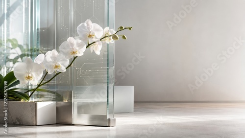 Diagonal White Orchid Background with Conductive Glass for Secure FinTech Infrastructure and Corporate Hero Banner