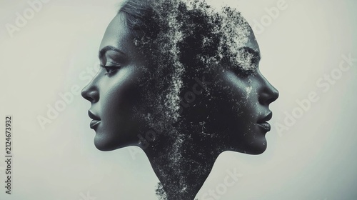 Artistic double profile portrait of a woman with textured hair blending into abstract design