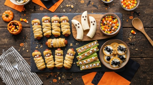 Festive Halloween party food platter with spooky snacks and mummy dogs