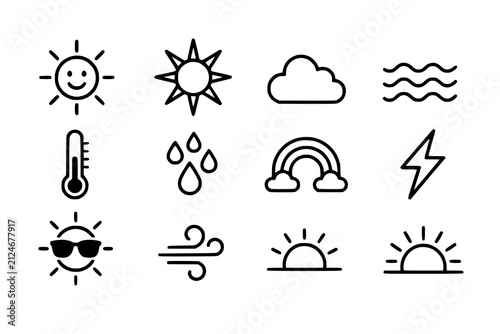 Weather symbols set features diverse climatic icons like sunshine, rainbows, and lightning to represent atmospheric conditions.