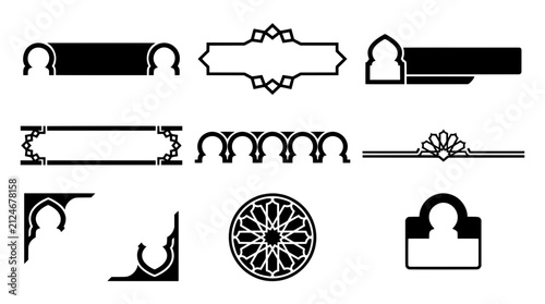 Moorish arch banner frame diamond label corner ornament and star medallion vector elements for islamic design