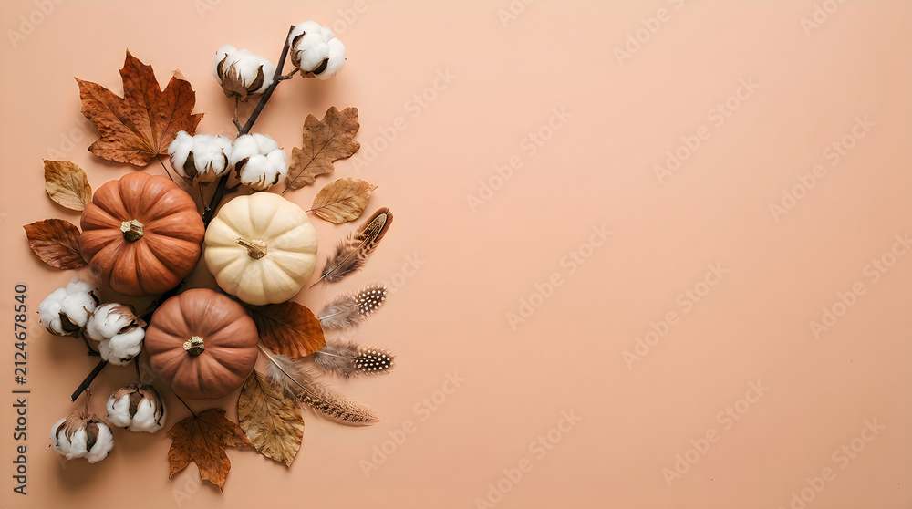 Fototapeta premium Autumn Halloween Flat Lay Composition with Miniature Pumpkins, Cotton Stalks, Dried Maple Leaves and Feathers on Warm Peach Background. Seasonal Harvest Still Life Photography. Halloween and