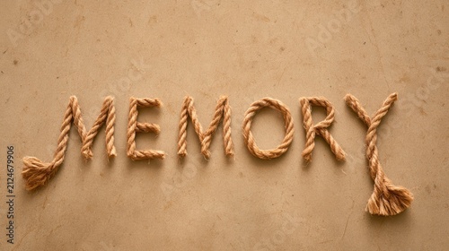 Creative typography of the word memory formed with twisted thick rope laid out on a textured beige background symbolizing connection and concept of reminiscence