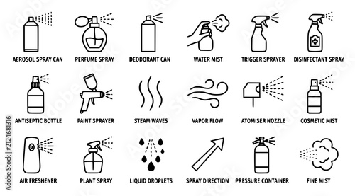 Foto Spray steam and aerosol icon collection with perfume water sanitizer editable bl