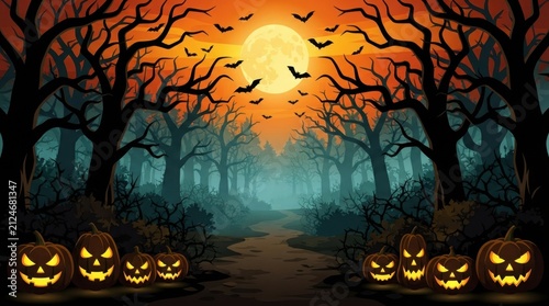 Spooky orange moonlit forest with glowing jack o lanterns