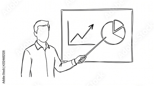 A business professional presenting financial growth data on a whiteboard with a pointer