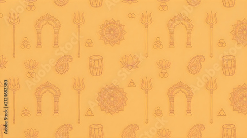 Seamless pattern background featuring traditional indian cultural elements and symbols for the festive celebration of durga puja festival