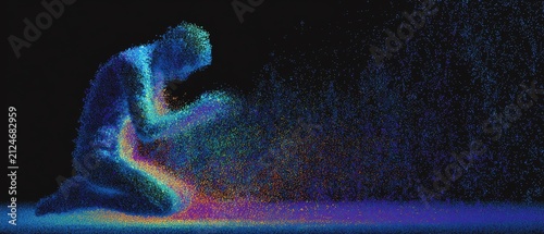 A figure kneeling in colorful digital abstraction.