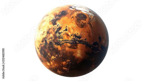 Isolated Orange-Brown Planet With Rugged Cratered Surface And Dark Basins On Transparent Background