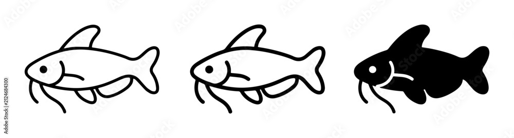 Fototapeta premium Catfish Icons, Simple Line Art and Solid Silhouette Vector Illustrations