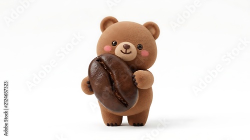 Cute Brown Bear Figure Hold Large Coffee Bean White Background Studio Shot