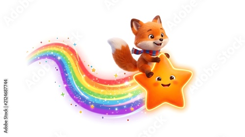 Cute Cartoon Fox Ride Happy Orange Star Over Rainbow Isolated White Background