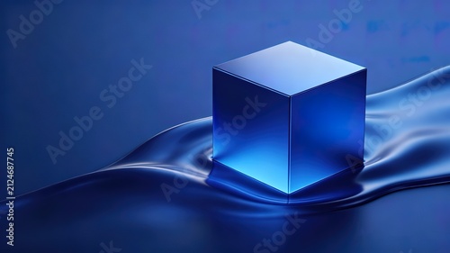 Glossy blue metallic cube on flowing silky blue liquid surface, abstract 3D render minimalist dark blue reflective geometric wallpaper