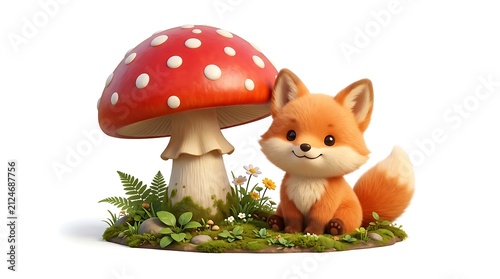 Cute Fennec Fox sitting beside a large toadstool mushroom on green grass