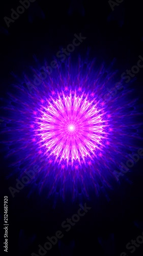 Blue pink glowing swirling pattern of curved waves and rays on black background. Vertical abstract fractal video.