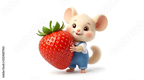 Cute cartoon rodent hold giant red strawberry on white background