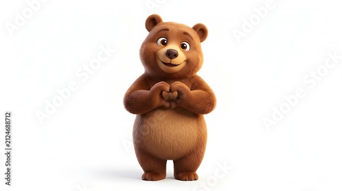 Charming Brown Bear Character with Heart Hands Gesture on White Background