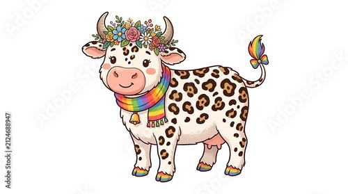 Cute Leopard Spot Bovine with Flower Crown and Rainbow Scarf Illustration