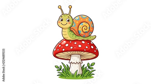 Cute cartoon snail with vibrant shell sit atop a red mushroom in grass