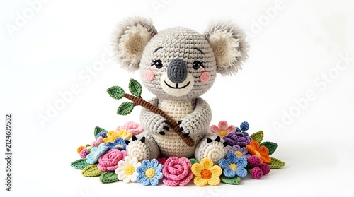Cute crochet koala toy hold tree branch surround by colorful flowers