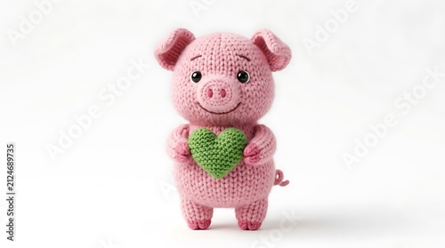 Cute knitted pink pig toy hold green heart on white background isolated
