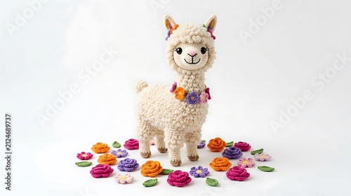 Charming Crochet Alpaca Toy with Colorful Flowers on White Background
