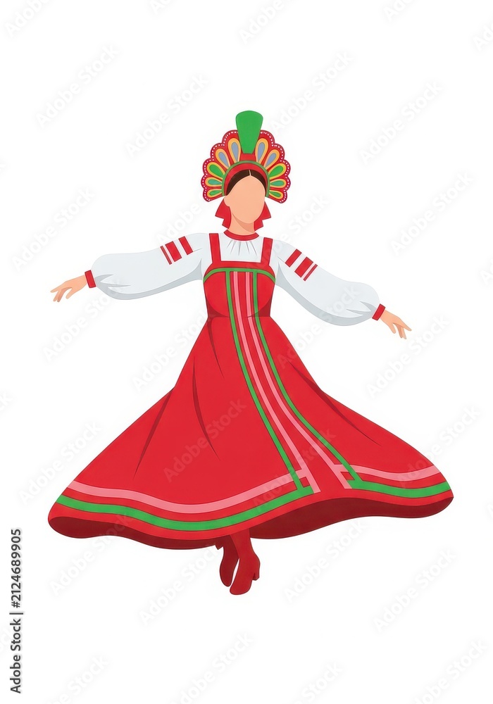Fototapeta premium Russian Folk Dancer in Traditional Red Sarafan and Kokoshnik Headdress Vector Illustration Isolated on White