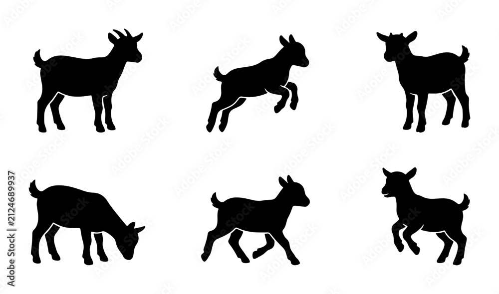 Obraz premium Goat Silhouettes: Farm Animal Icons, Livestock Vector Set, Rural Farm Life Graphics