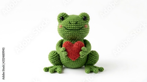 Cute crochet frog toy hold a red knitted heart on white background