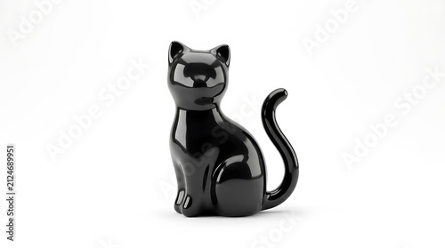 Black Cat Figurine Decoration on White Background with Copy Space