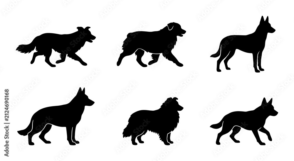 Fototapeta premium Dog Silhouettes Collection: Diverse Breeds, Vector Icons for Pet Lovers and Animal Graphics
