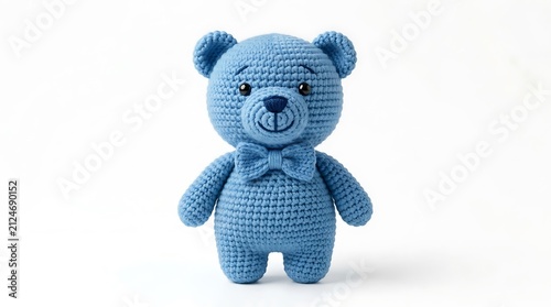 Cute Blue Knitted Bear Toy with Bow Tie on White Background