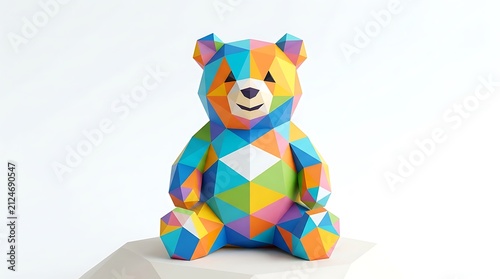 Colorful Geometric Bear Sculpture Render with Polygonal Low Poly Design