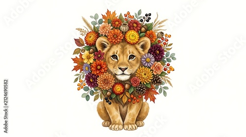 Cute Little Lion Cub with Autumn Flowers Crown on a White Background