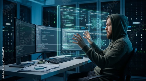 Artificial intelligence software developer coding with ai automation in a data center server room using holographic interface and multiple monitors for advanced programming and security.